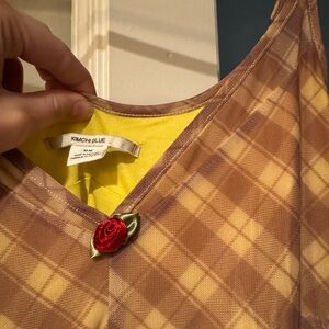 Kimchi Blue Plaid Yellow Tan Maxi Fitted Dress with Red Rose